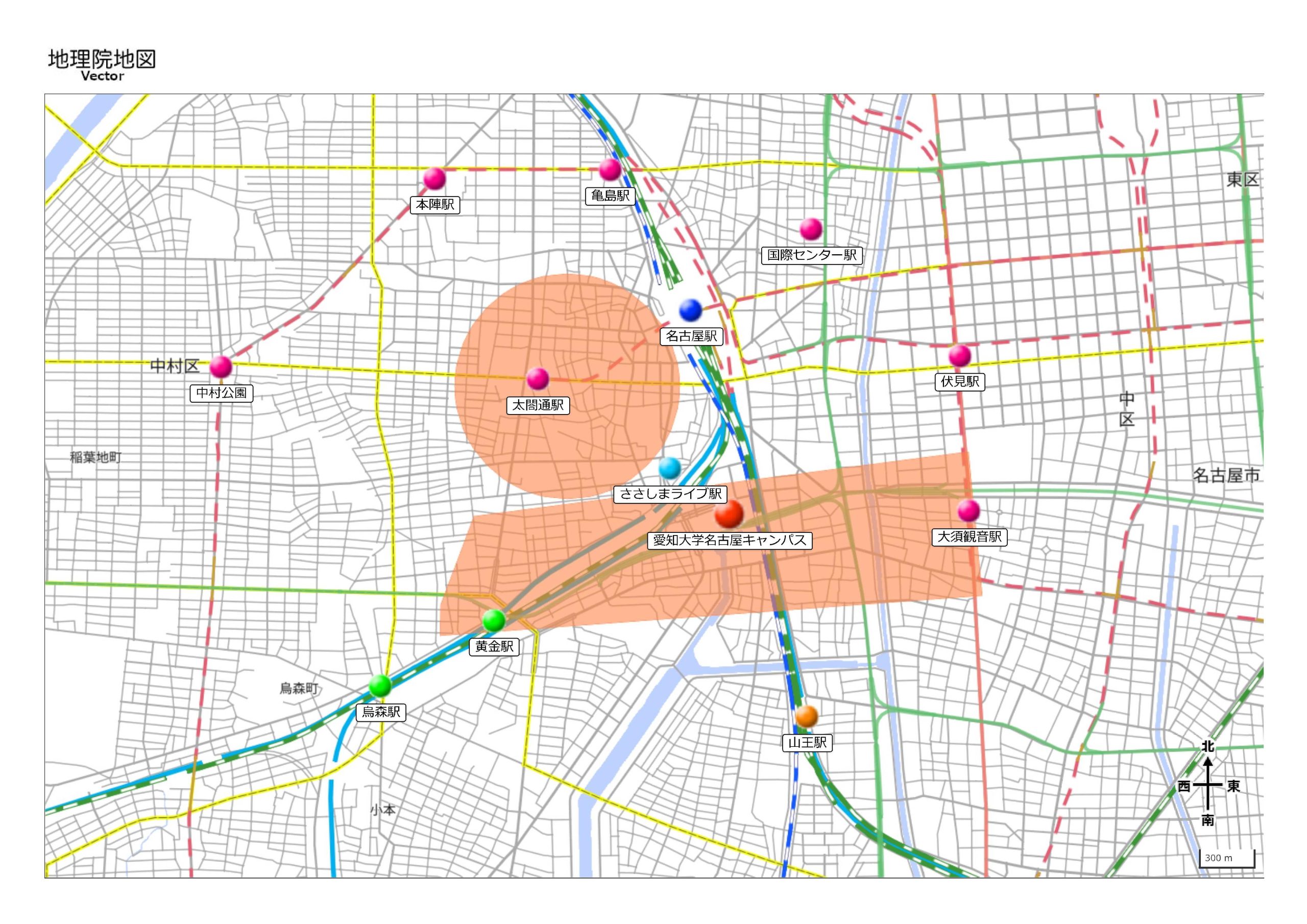愛知大学生の住所データに基づき、多くの学生が住んでいる地域を示した地図 【名古屋校舎】
対象学部:法学部 経済学部 経営学部 現代中国学部 国際コミュニケーション学部