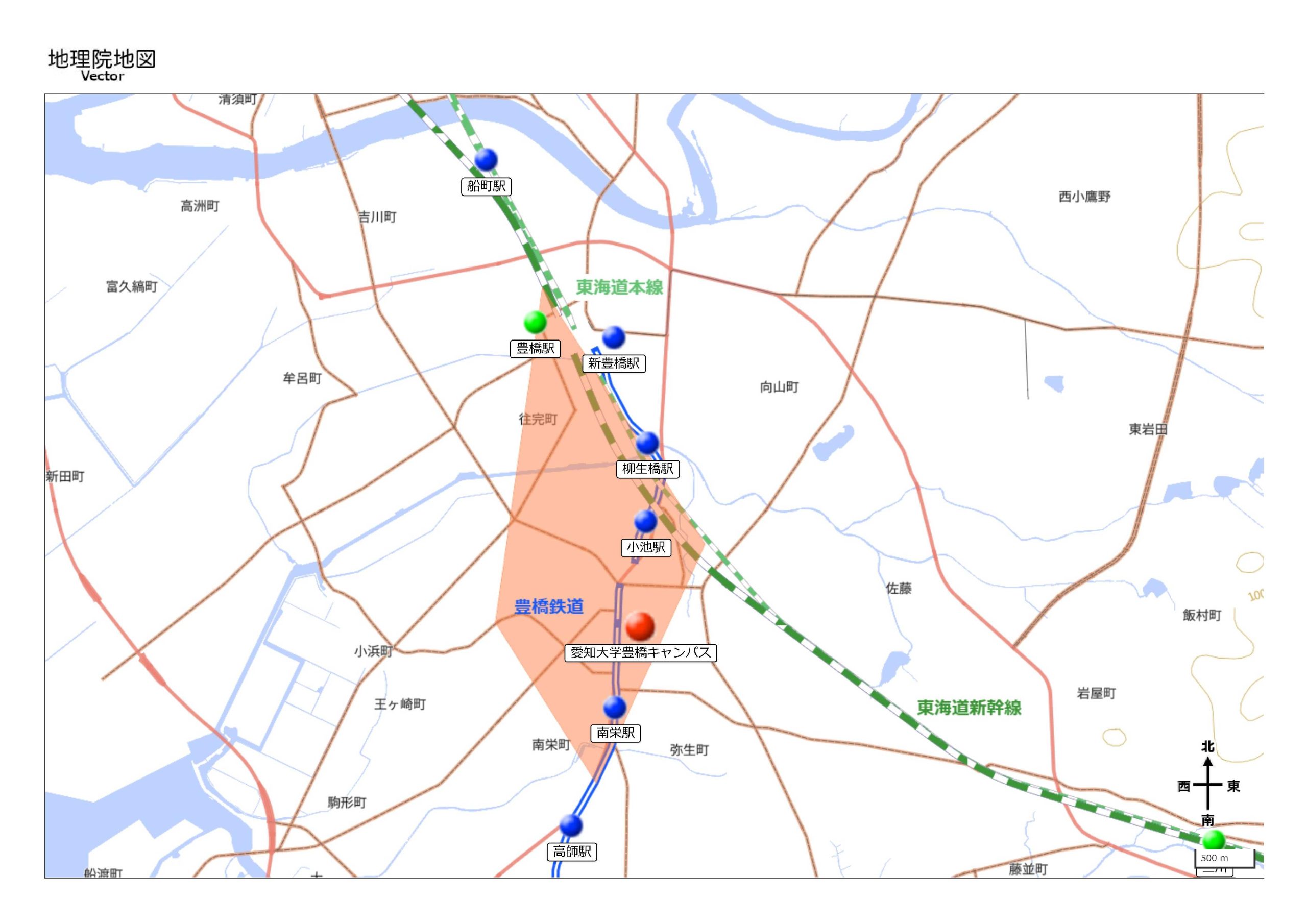 愛知大学生の住所データに基づき、多くの学生が住んでいる地域を示した地図 【豊橋校舎】対象学部:文学部 地域政策学部 短期大学部