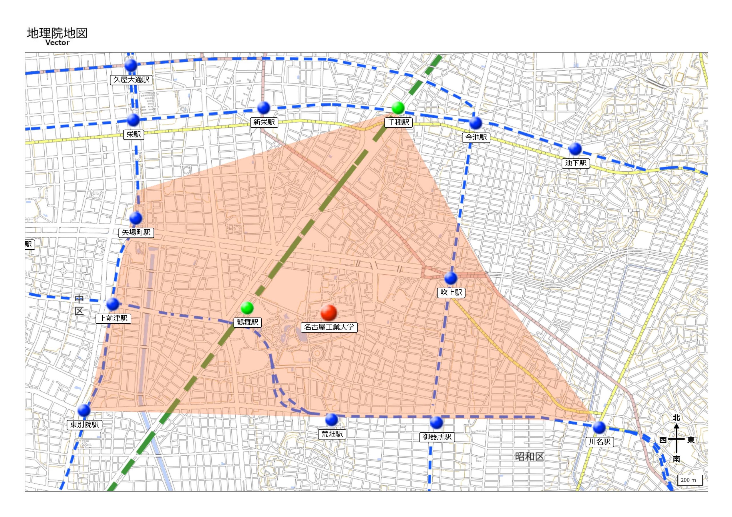 名古屋工業大学生の住所データに基づき、多くの学生が住んでいる地域を示した地図