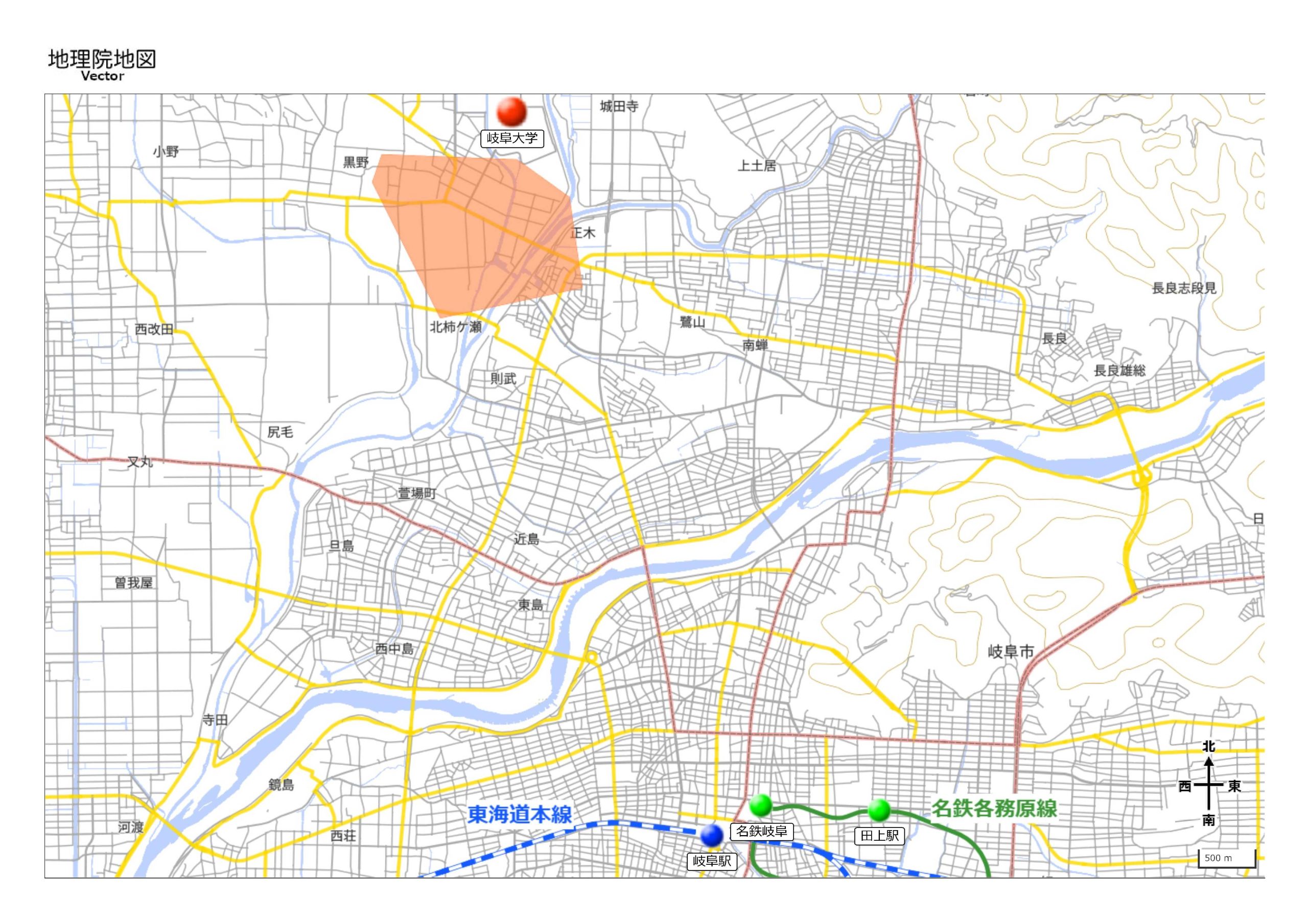 岐阜大学生の住所データに基づき、多くの学生が住んでいる地域を示した地図