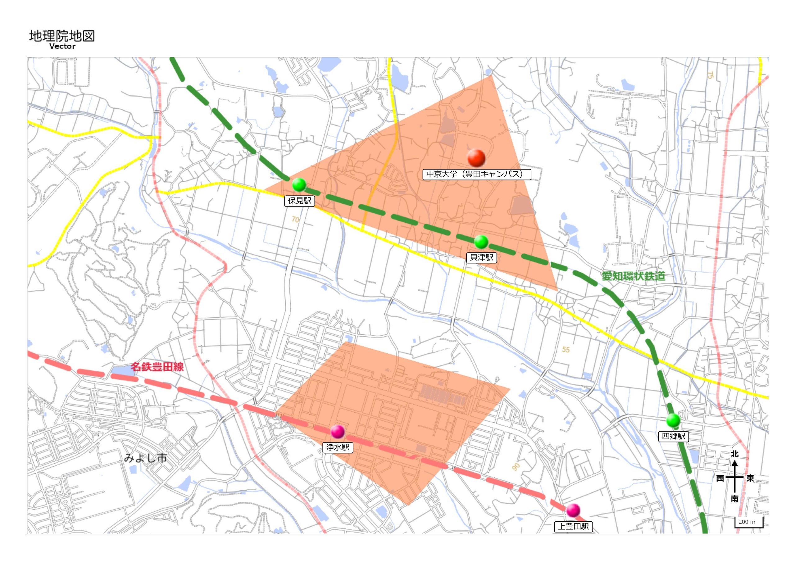 中京大学生の住所データに基づき、多くの学生が住んでいる地域を示した地図」【名古屋校舎】
対象学部：法学部　経済学部　経営学部　現代中国学部　国際コミュニケーション学部