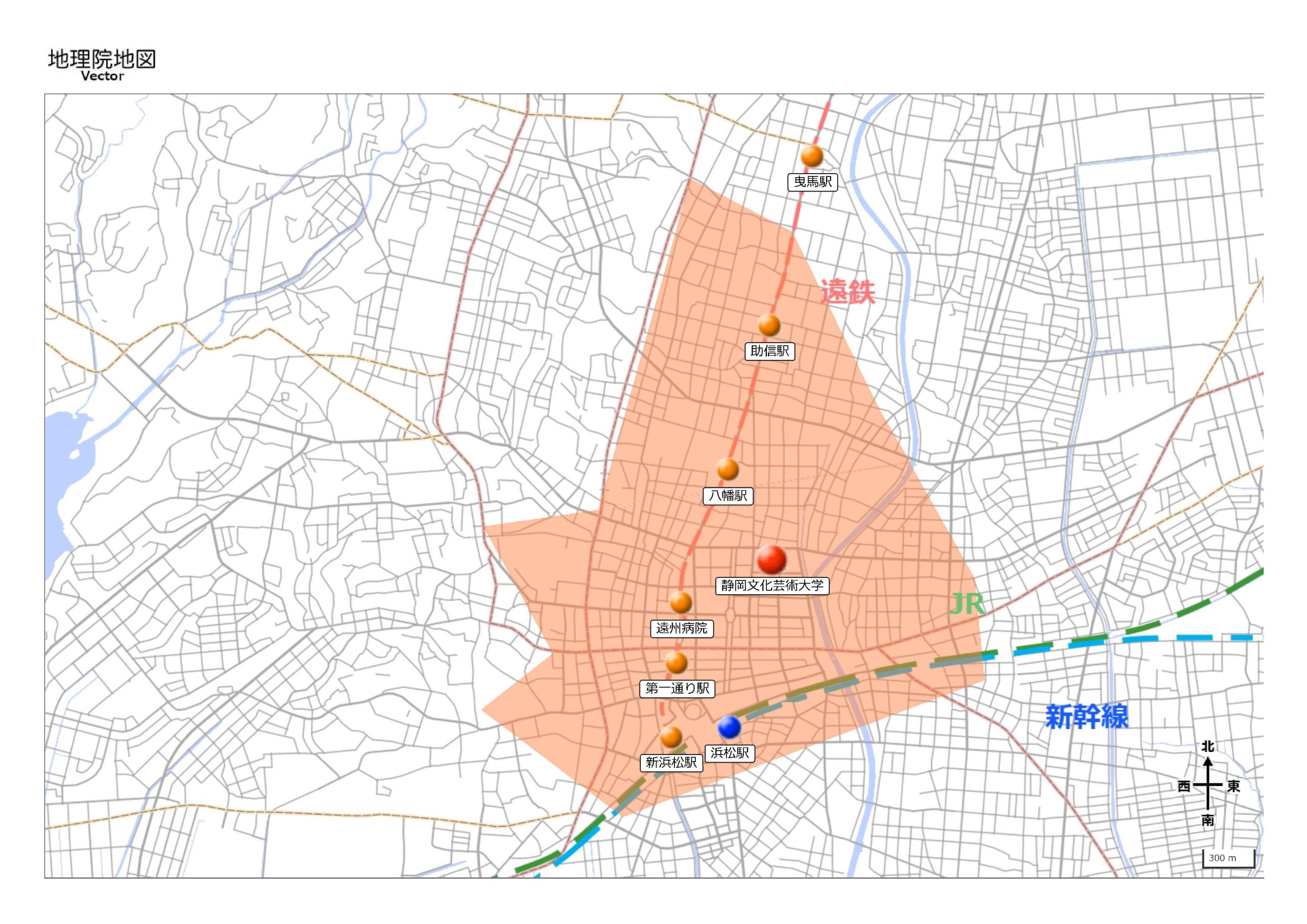 静岡文化芸術大学生の住所データに基づき、多くの学生が住んでいる地域を示した地図
