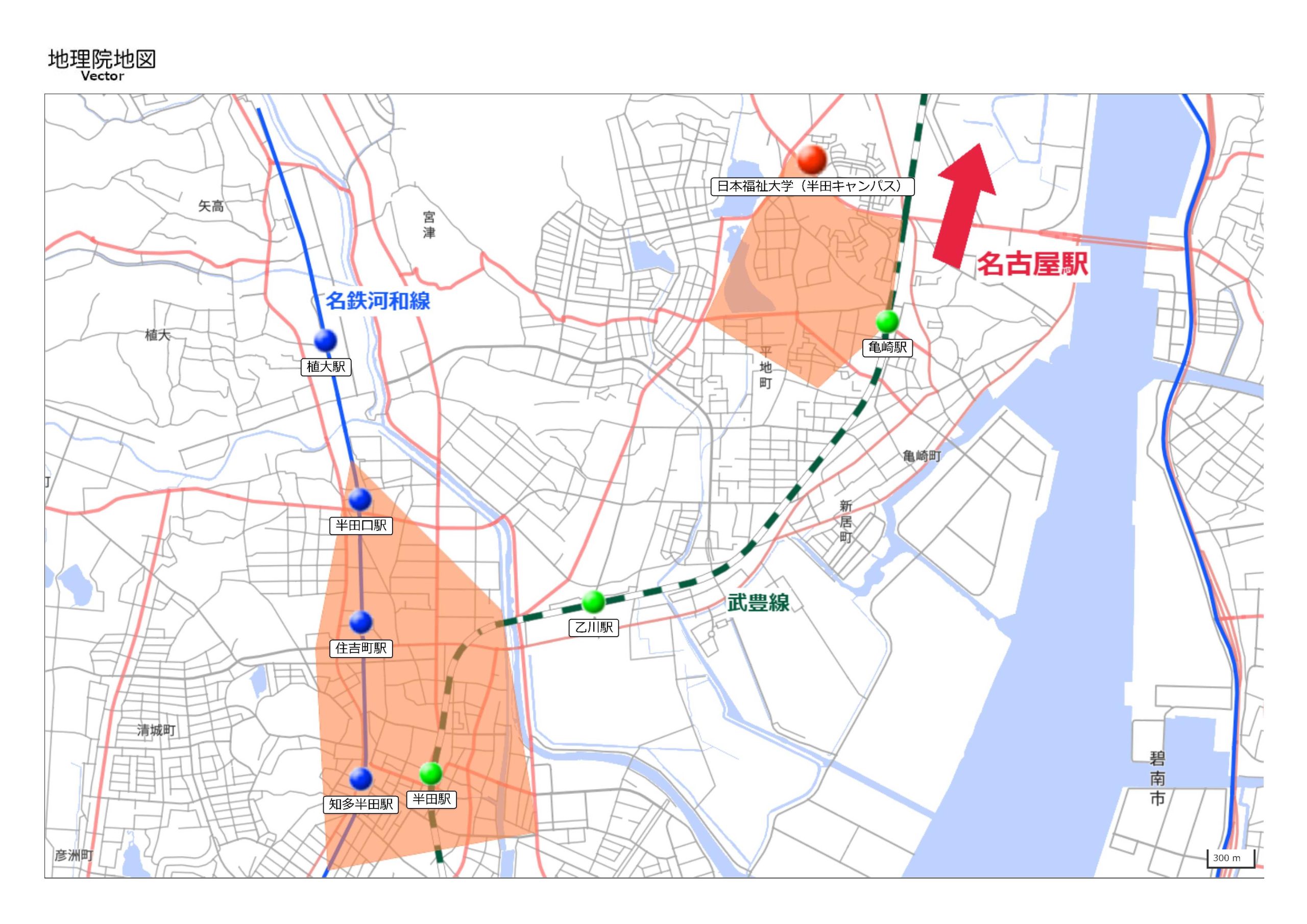 日本福祉大学生の住所データに基づき、多くの学生が住んでいる地域を示した地図