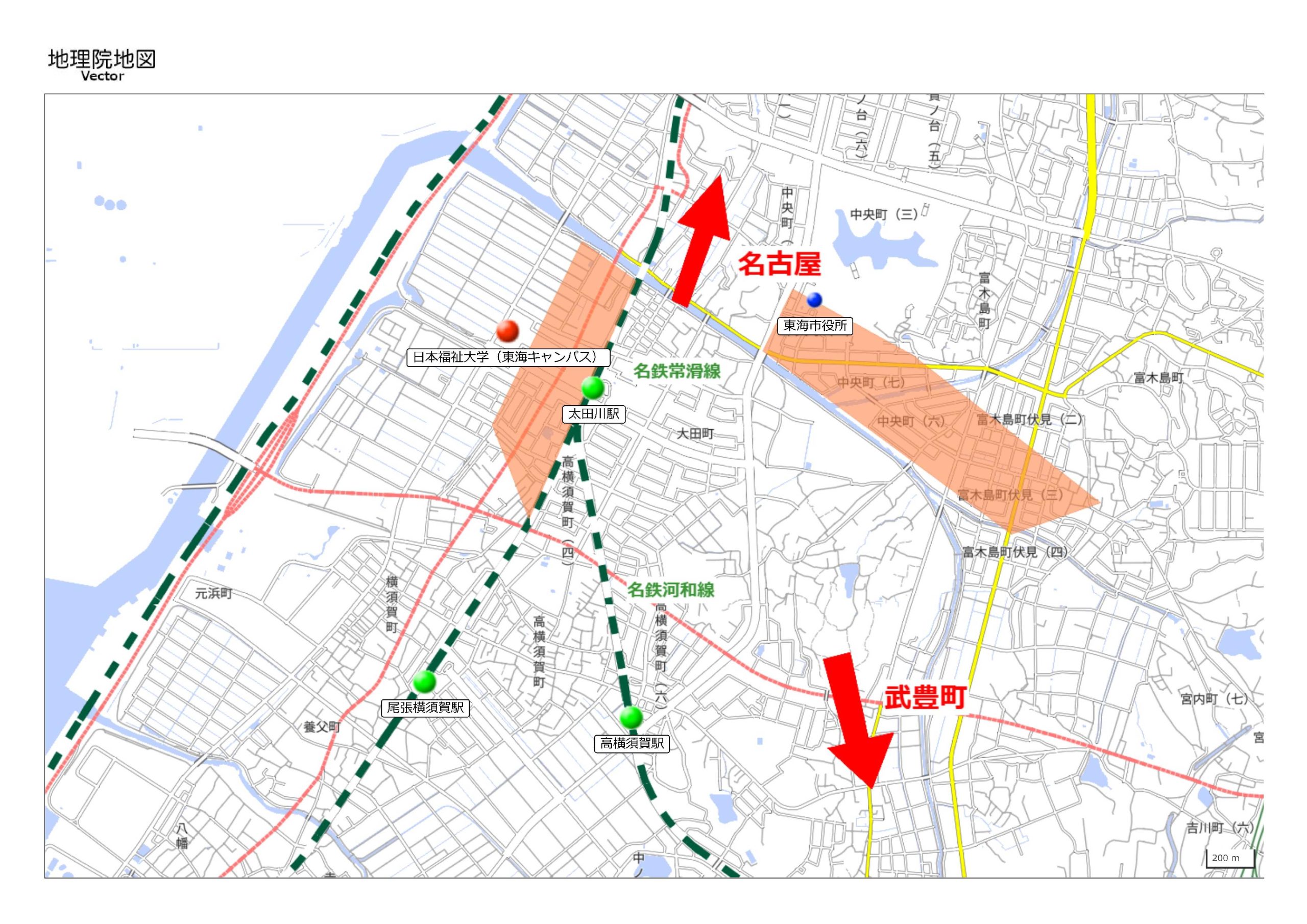 日本福祉大学生の住所データに基づき、多くの学生が住んでいる地域を示した地図